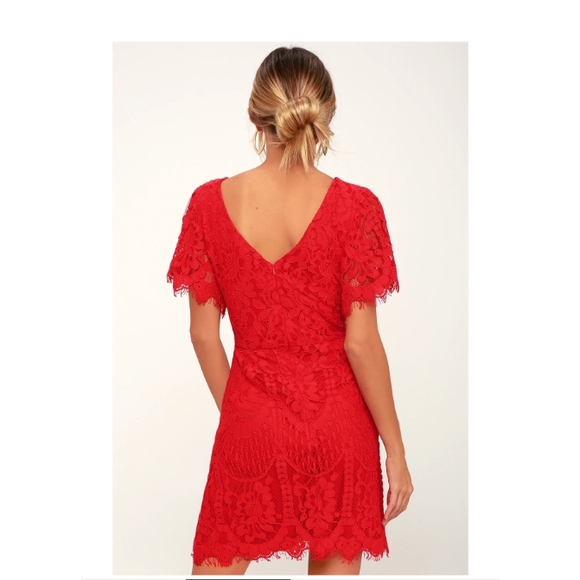 NWOT Lulus Dress Pearson Red Lace Short Sleeve Dress With High Neck Line - Picture 4 of 4